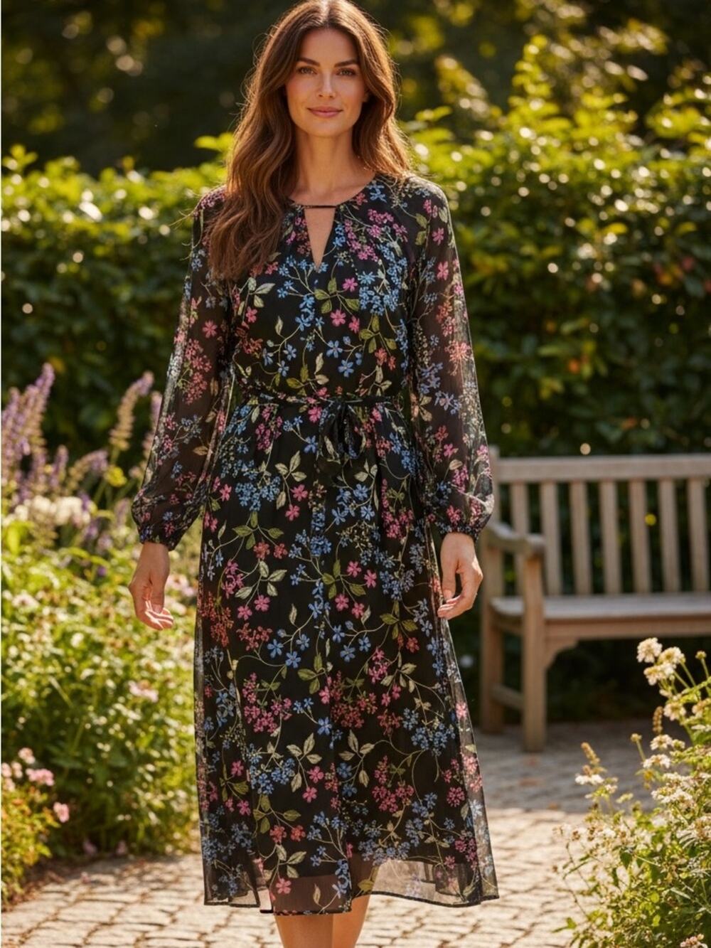 Calvin Klein NWT Black Midi Dress with Pink & Blue Floral Print Size 2